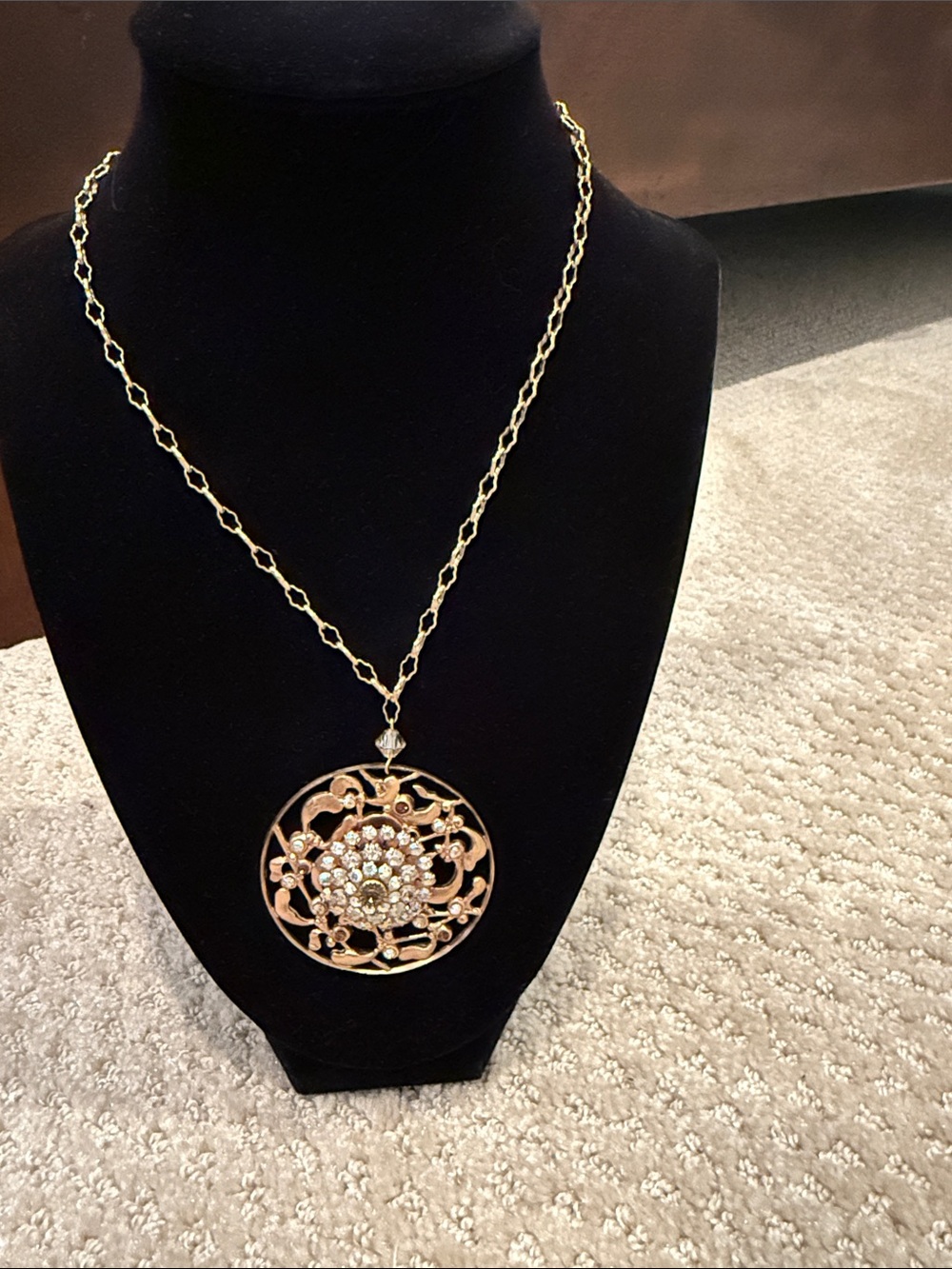 Gold-Tone Filigree Floral Pendant Necklace with Crystal Center